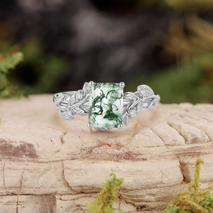 Sheryl Emerald Cut Moss Agate Leafy Engagement Ring