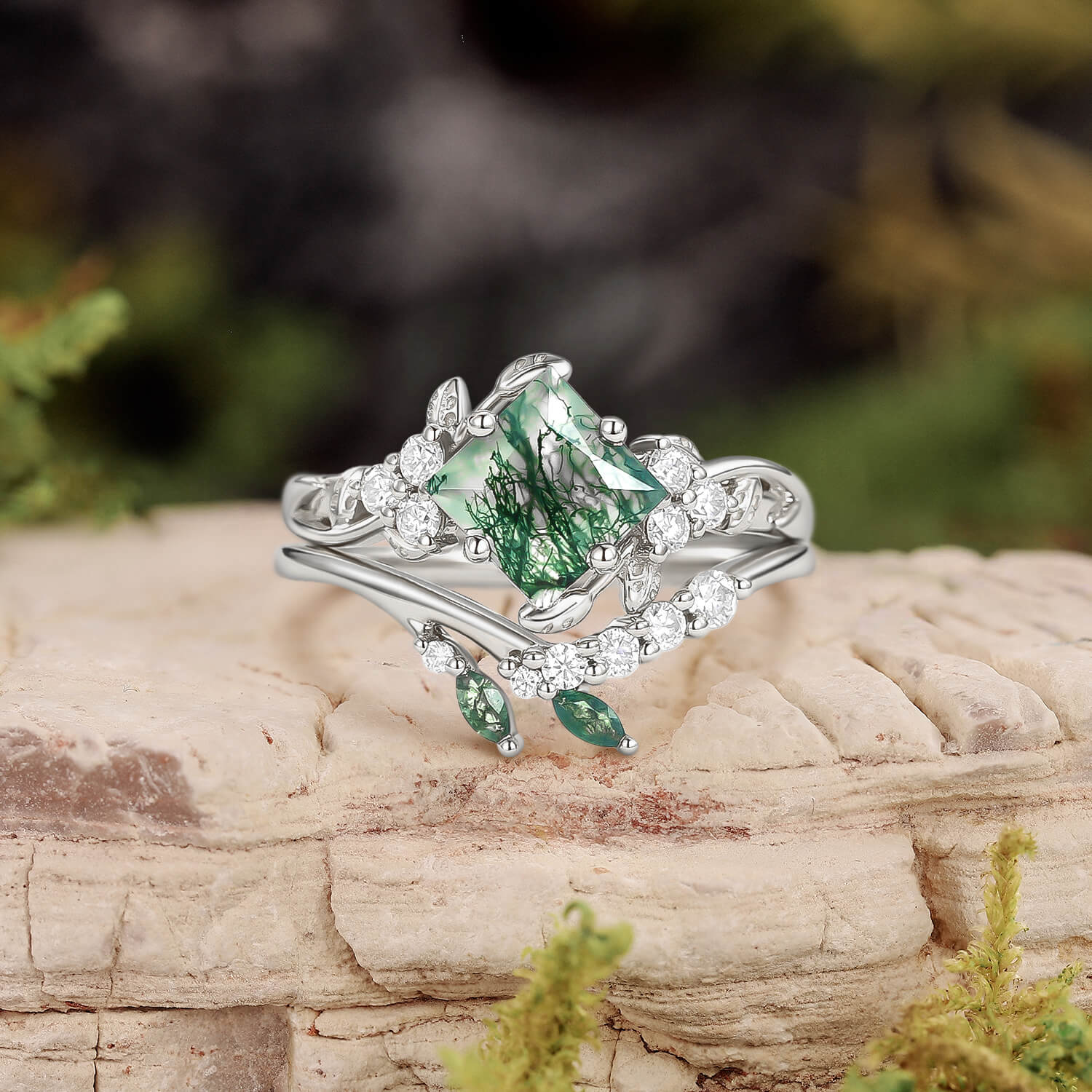 Nature Inspired Green Leafy Princess Cut Moss Agate Engagement Ring Set 2PCS