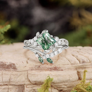 Nature Inspired Green Leafy Princess Cut Moss Agate Engagement Ring Set 2PCS