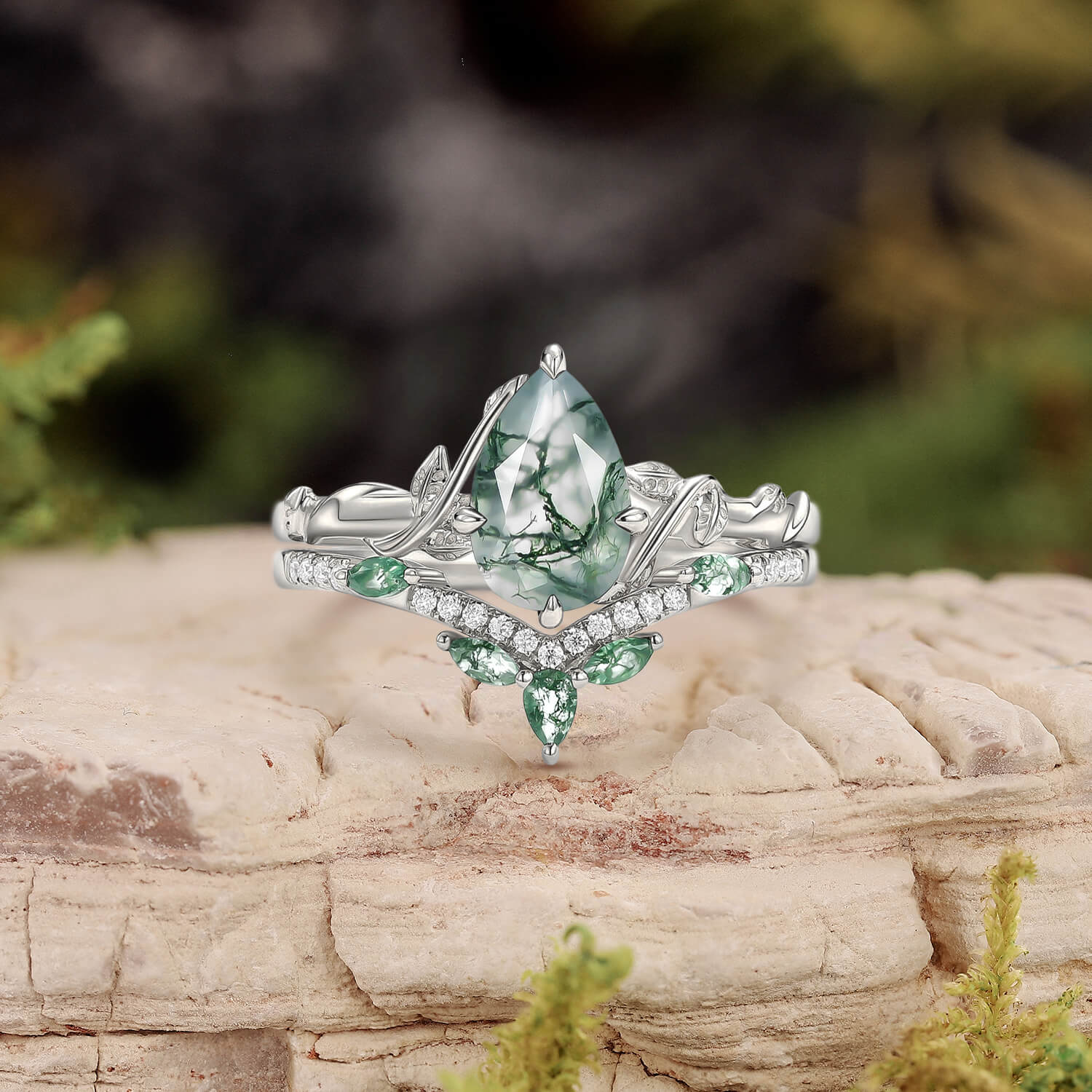 Lark Nature Inspired Pear Cut Moss Agate Leafy Ring Set 2pcs