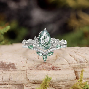 Lark Nature Inspired Pear Cut Moss Agate Leafy Ring Set 2pcs