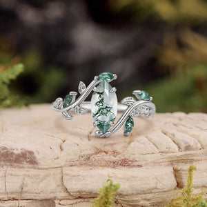 Vintage Marquise Cut Moss Agate Leafy Engagement Ring