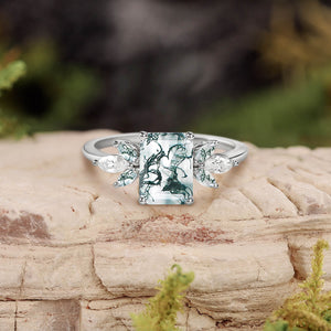 Emerald Cut Moss Agate Cluster Wing Engagement Ring
