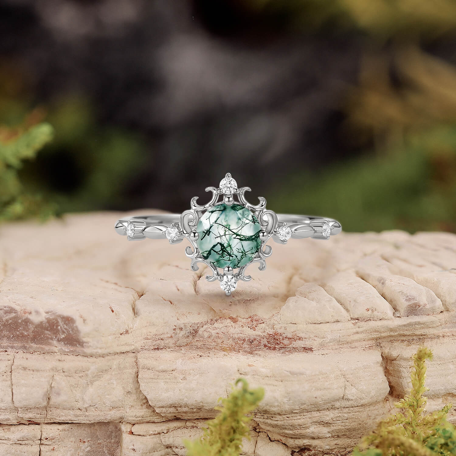 Vintage Round Cut Moss Agate Cluster Engagement Ring