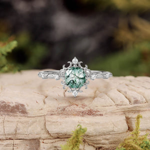 Vintage Round Cut Moss Agate Cluster Engagement Ring