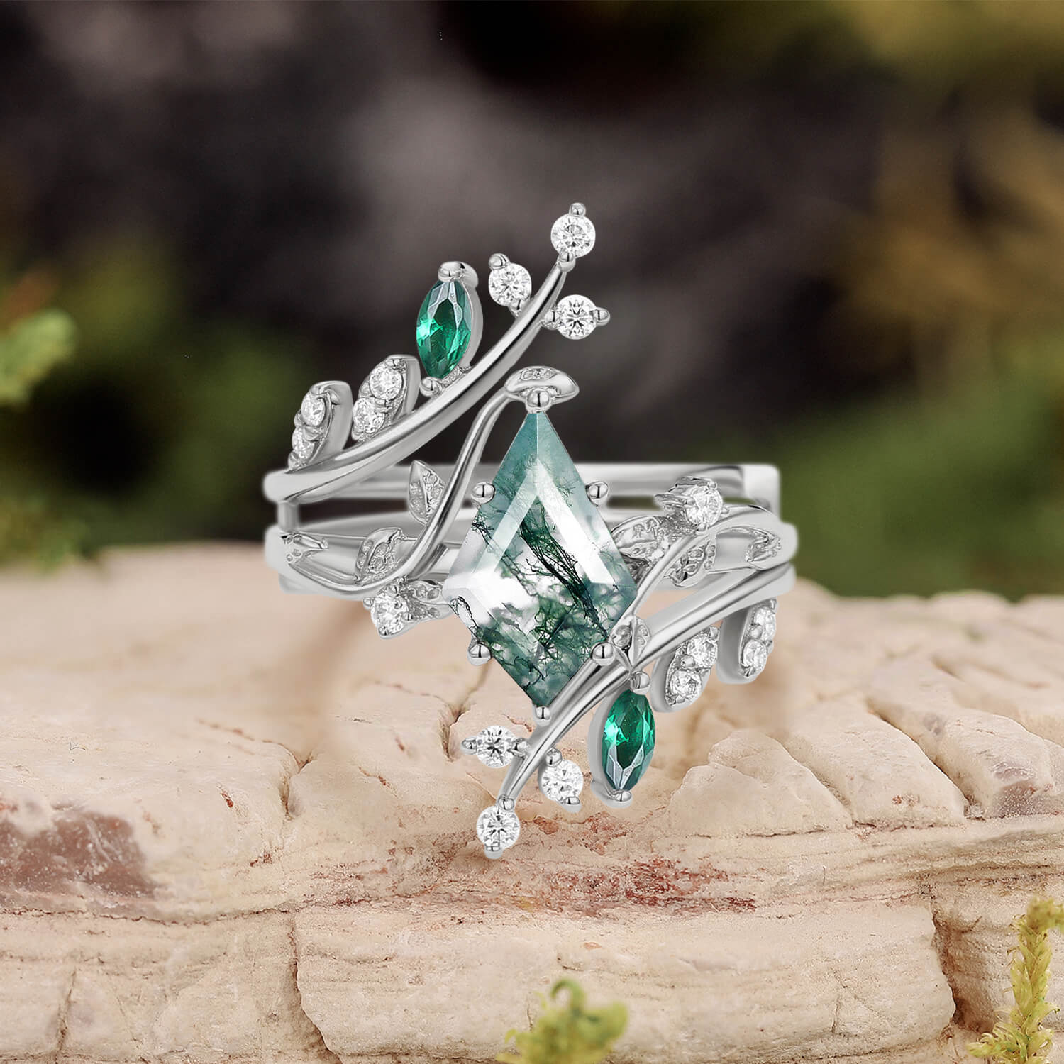 Knight Kite Cut Moss Agate & Emerald Cage Leafy Engagement Ring Sets 2pcs