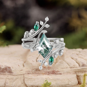 Knight Kite Cut Moss Agate & Emerald Cage Leafy Engagement Ring Sets 2pcs