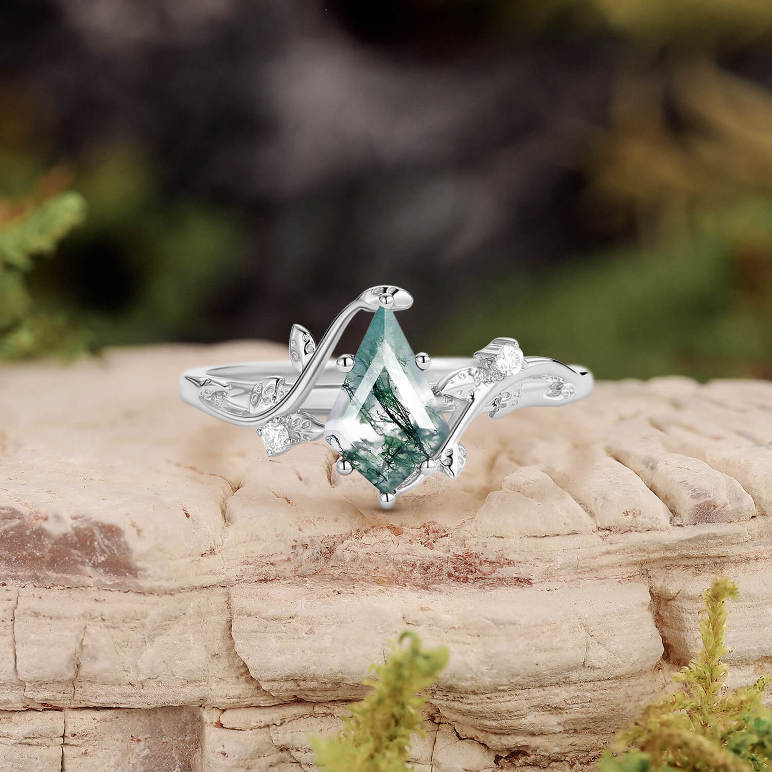 Willow Unique Kite Cut Moss Agate Leafy Engagement Ring
