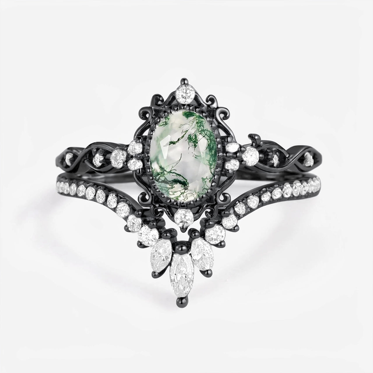 Linden Oval Cut Vintage Moss Agate Engagement Ring Set 2pcs