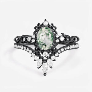 Linden Oval Cut Vintage Moss Agate Engagement Ring Set 2pcs