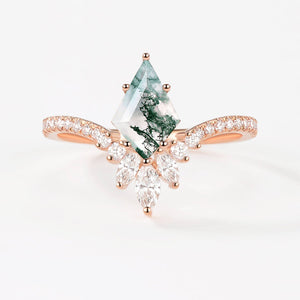 Kite Cut Moss Agate Chevron Engagement Ring - Sylph