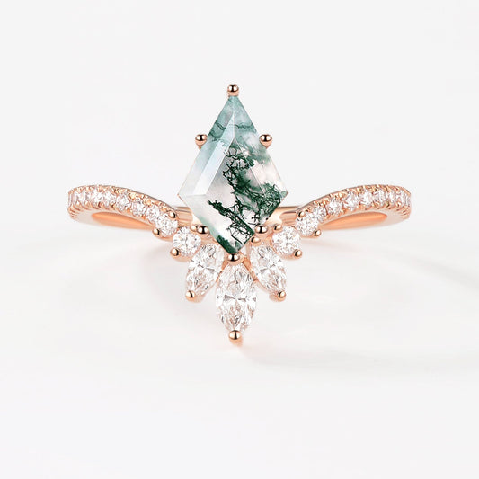 Kite Cut Moss Agate Chevron Engagement Ring - Sylph