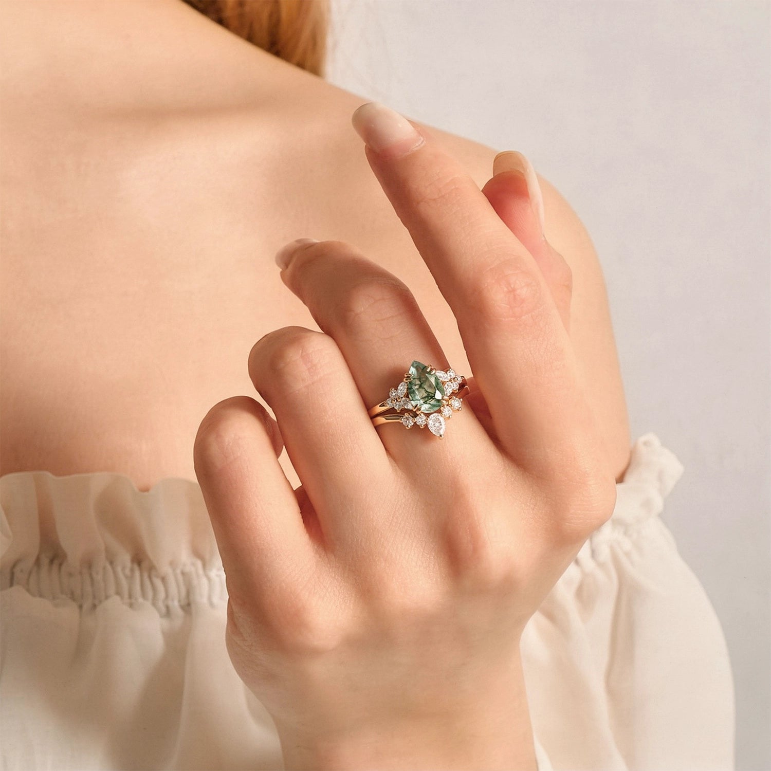 Cerys Pear Shaped Moss Agate Cluster Chevron Gold Ring Set 2pcs