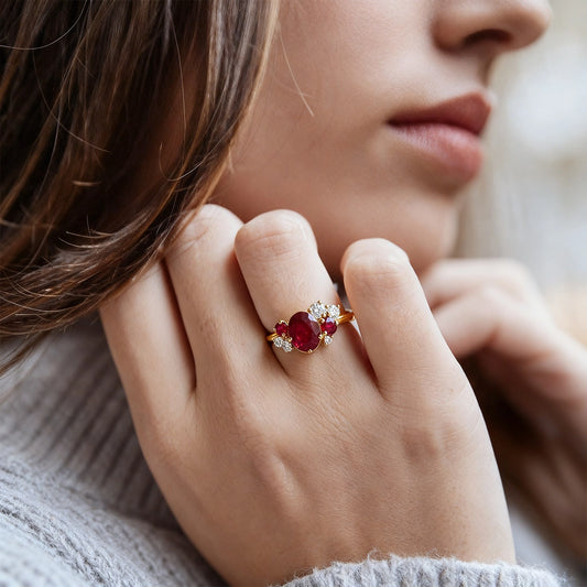 Dainty 1CT Oval Cut Ruby Halo Engagement Ring