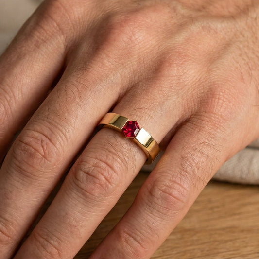 Ruben’s Hex | 4MM Hexagon Ruby Tension Set Men's Wedding Band