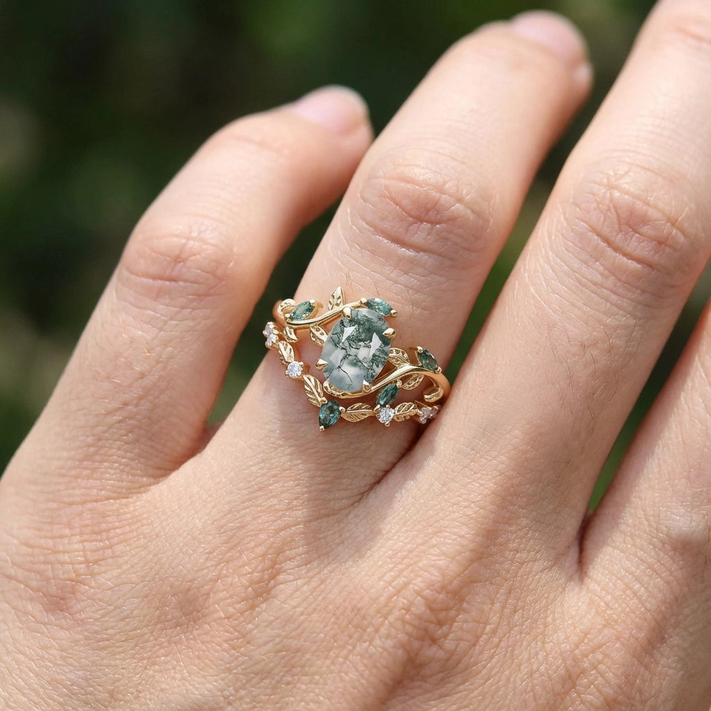 Daphne’s Vine | Oval Moss Agate Engagement Ring Set 2pcs