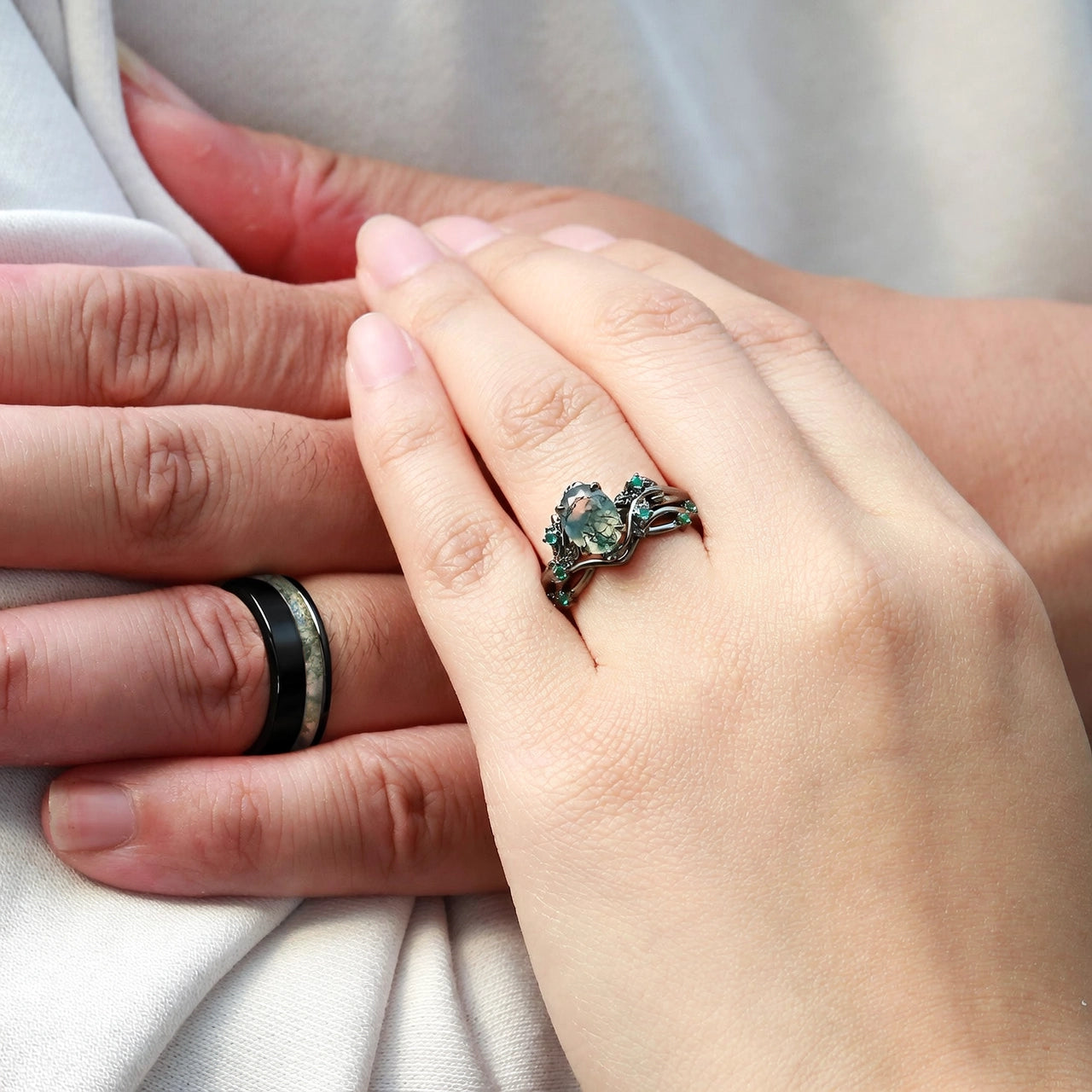 Sylvie’s Shadow | Black Gold & Oval Moss Agate Couple Ring Set 3pcs