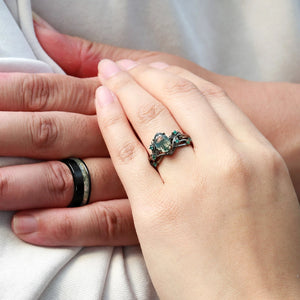 Sylvie’s Shadow | Black Gold & Oval Moss Agate Couple Ring Set 3pcs