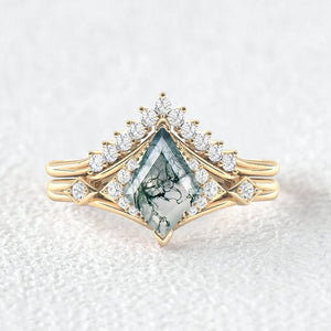 Kite Cut Moss Agate Art-Deco Gorgeous Engagement Ring Set 2pcs