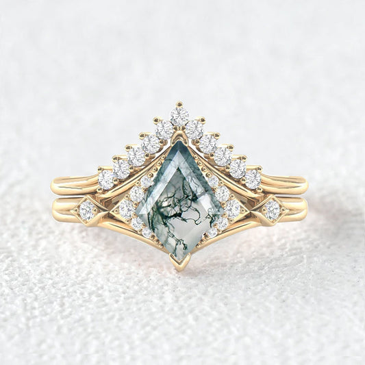 Kite Cut Moss Agate Art-Deco Gorgeous Engagement Ring Set 2pcs