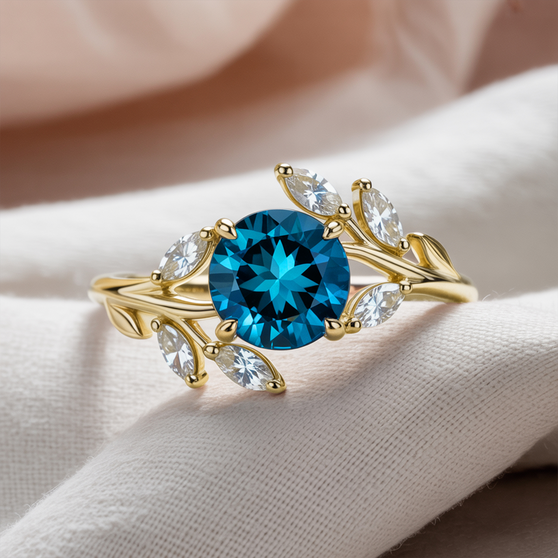 Sylvana 1CT Round Cut Royal Blue Gemstone Vine Ring
