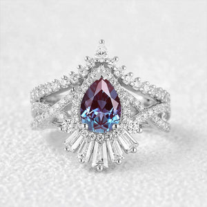 Elara's Crown | Pear Moss Agate Halo Baguette Bridal Set 2pcs