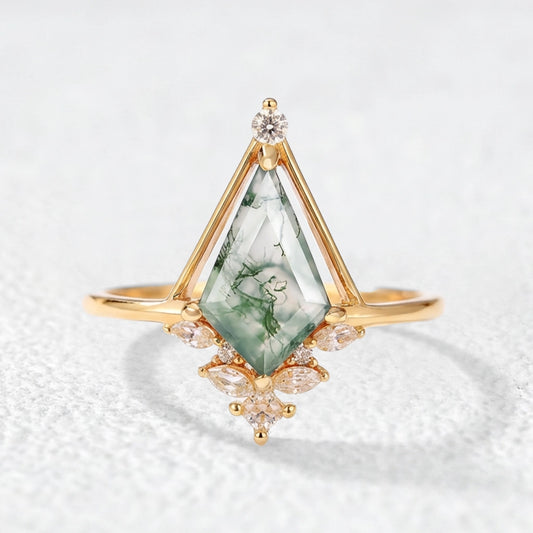 Unique Kite Cut Moss Agate Engagement Ring