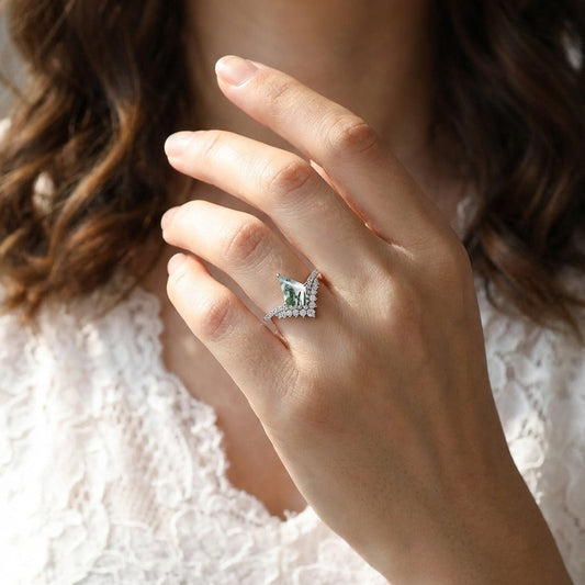 Nature Inspired Kite Cut Moss Agate Cluster Engagement Ring