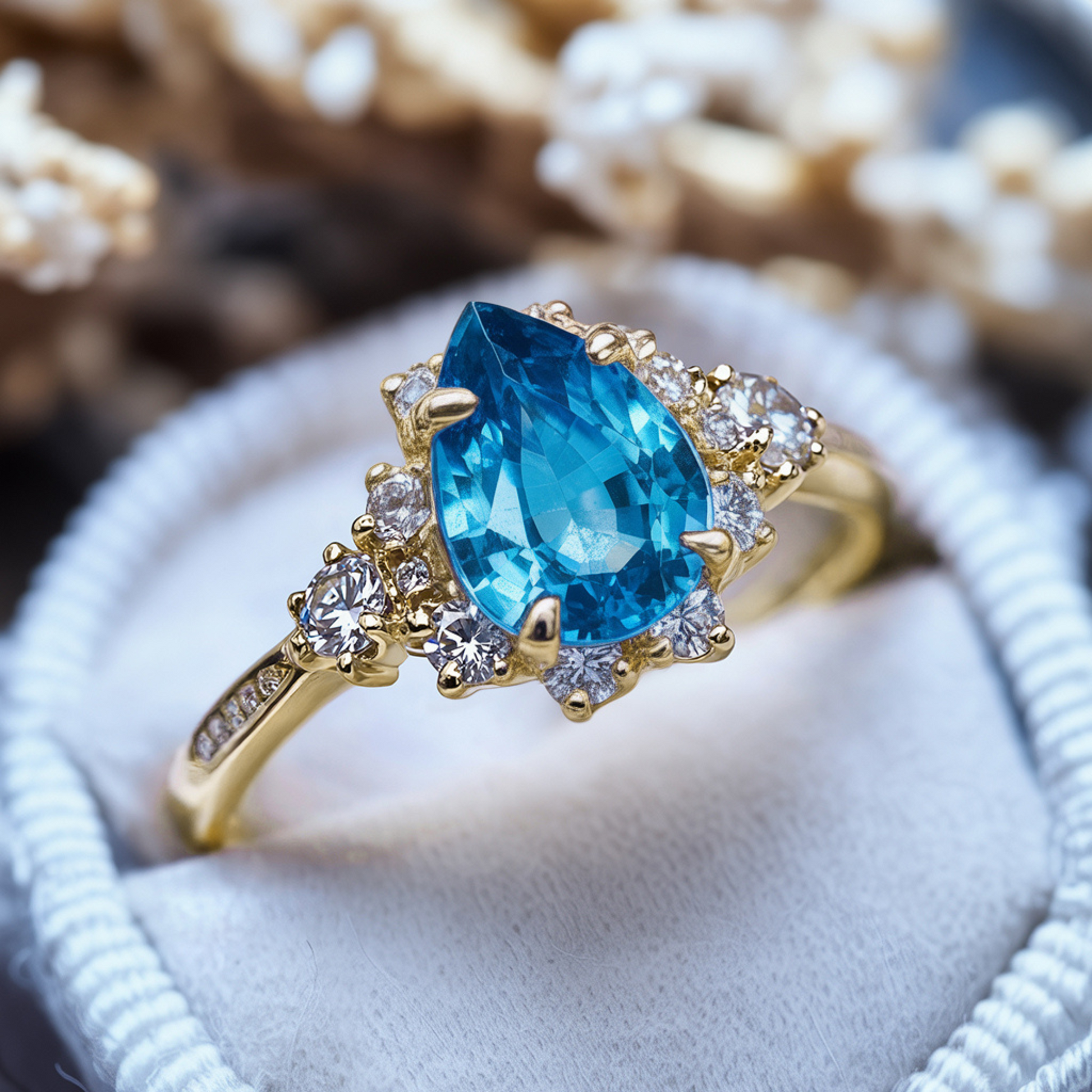 The Bethany 2CT Pear Cut Blue Moissanite Halo Ring