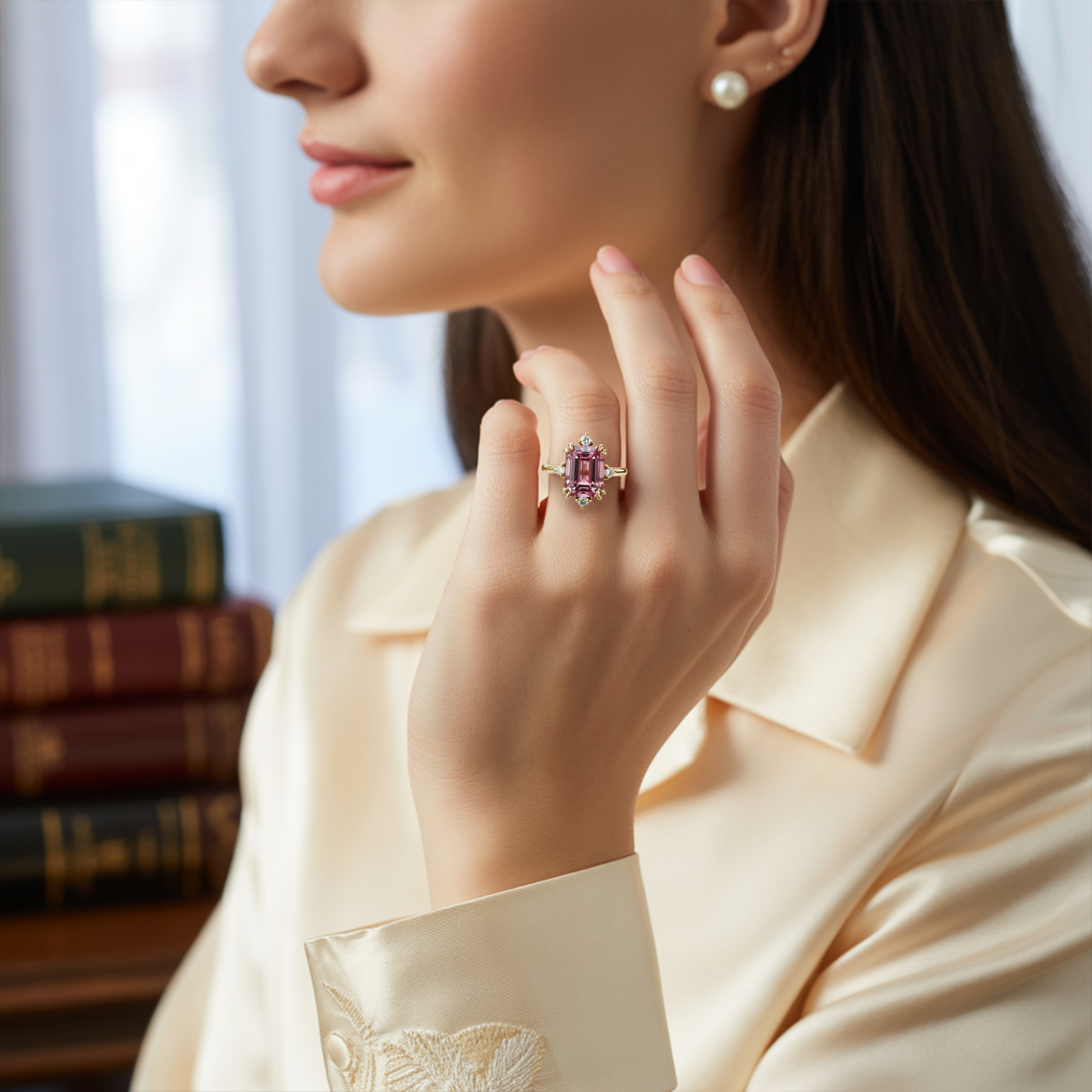 Calenith 5CT Emerald-Cut Pink Gemstone Ring