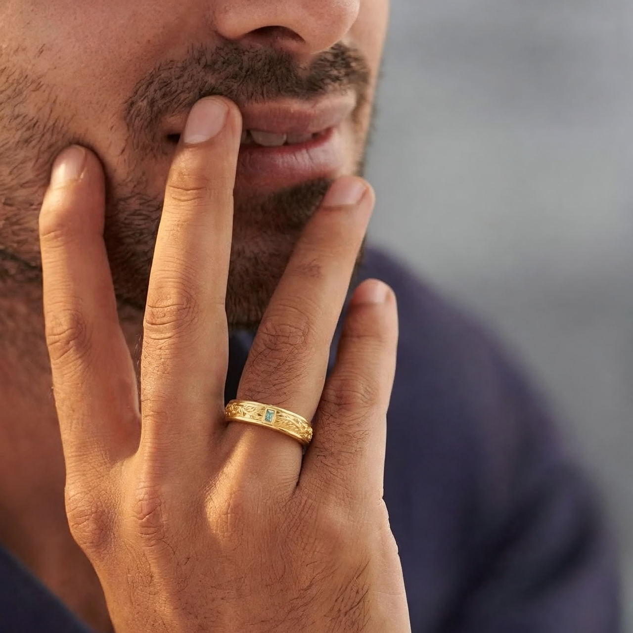 Mistletoe Forge | Bezel Baguette Green Sapphire Men's Wedding Band