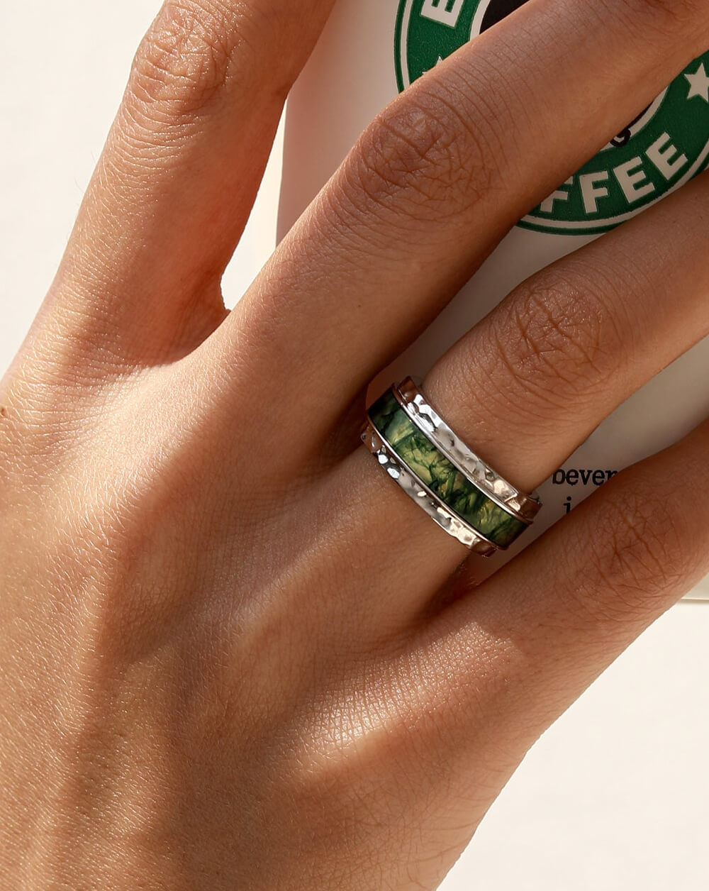 Bold Hammered Sterling Silver Moss Agate Statement Band Ring