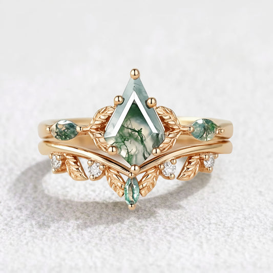 Unique Moss Agate Kite Cut Leaf Ring Set 2pcs