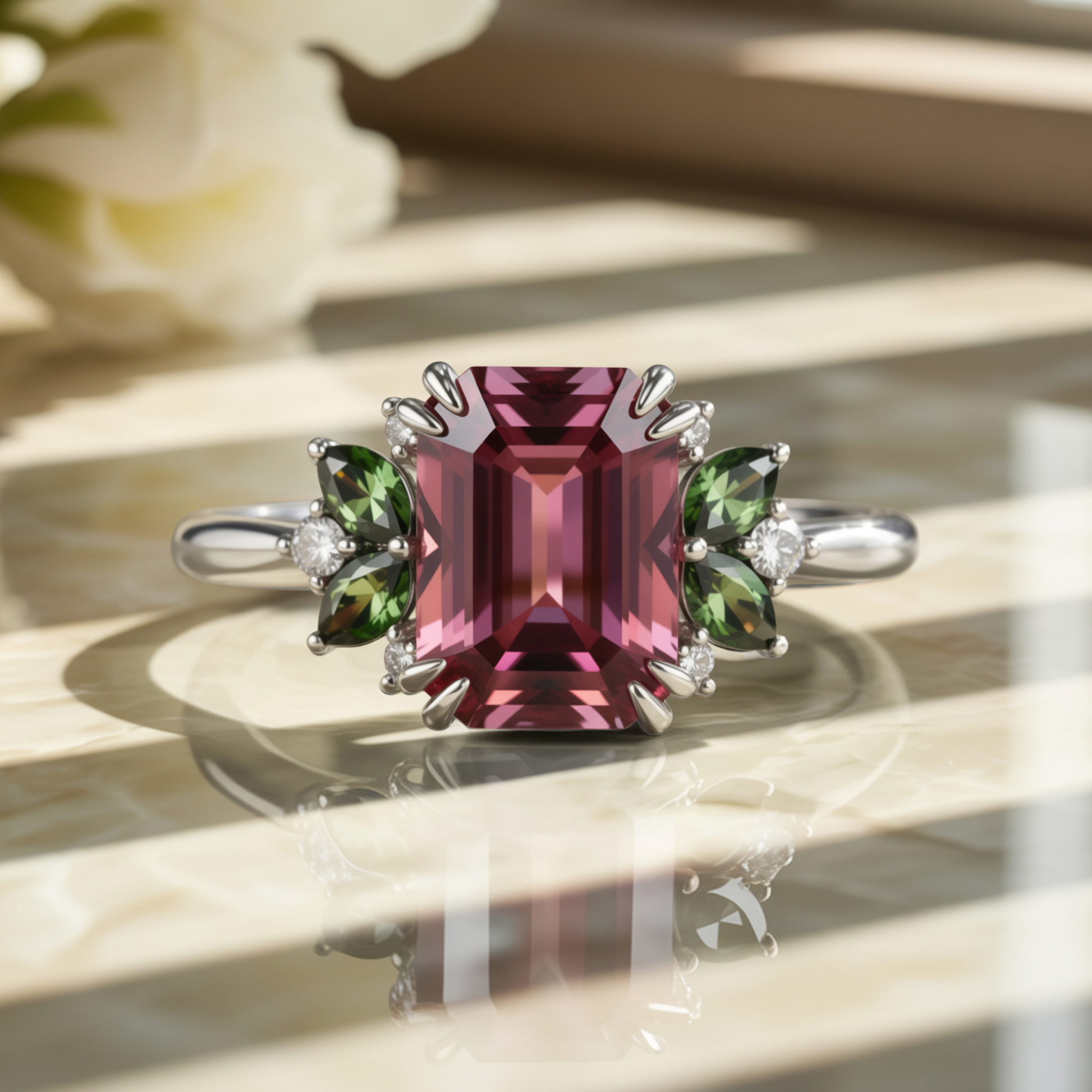 Solandra 3CT Emerald Cut Burgundy Gemstone Ring