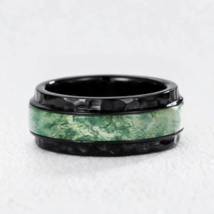 Bold Hammered Sterling Silver Moss Agate Statement Band Ring