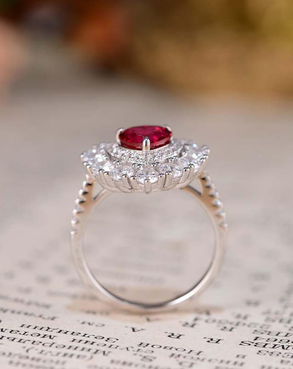 Sparkle Silver Ruby Heart Halo Statement Ring