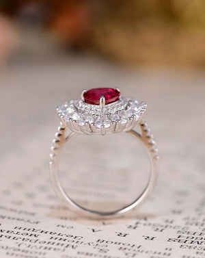 Sparkle Silver Ruby Heart Halo Statement Ring