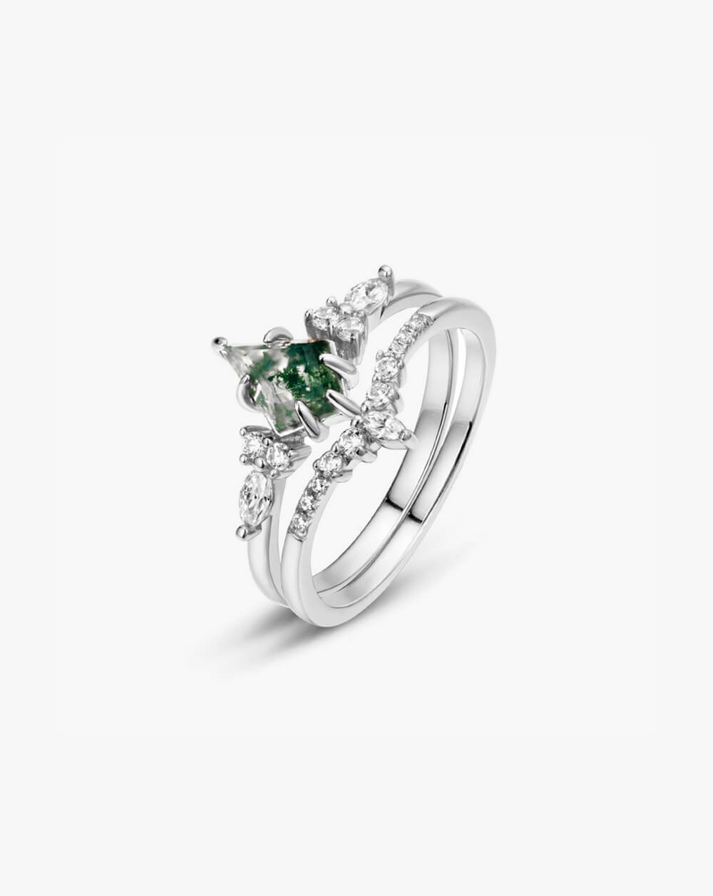 Vintage Kite Cut Moss Agate Engagement Ring Set