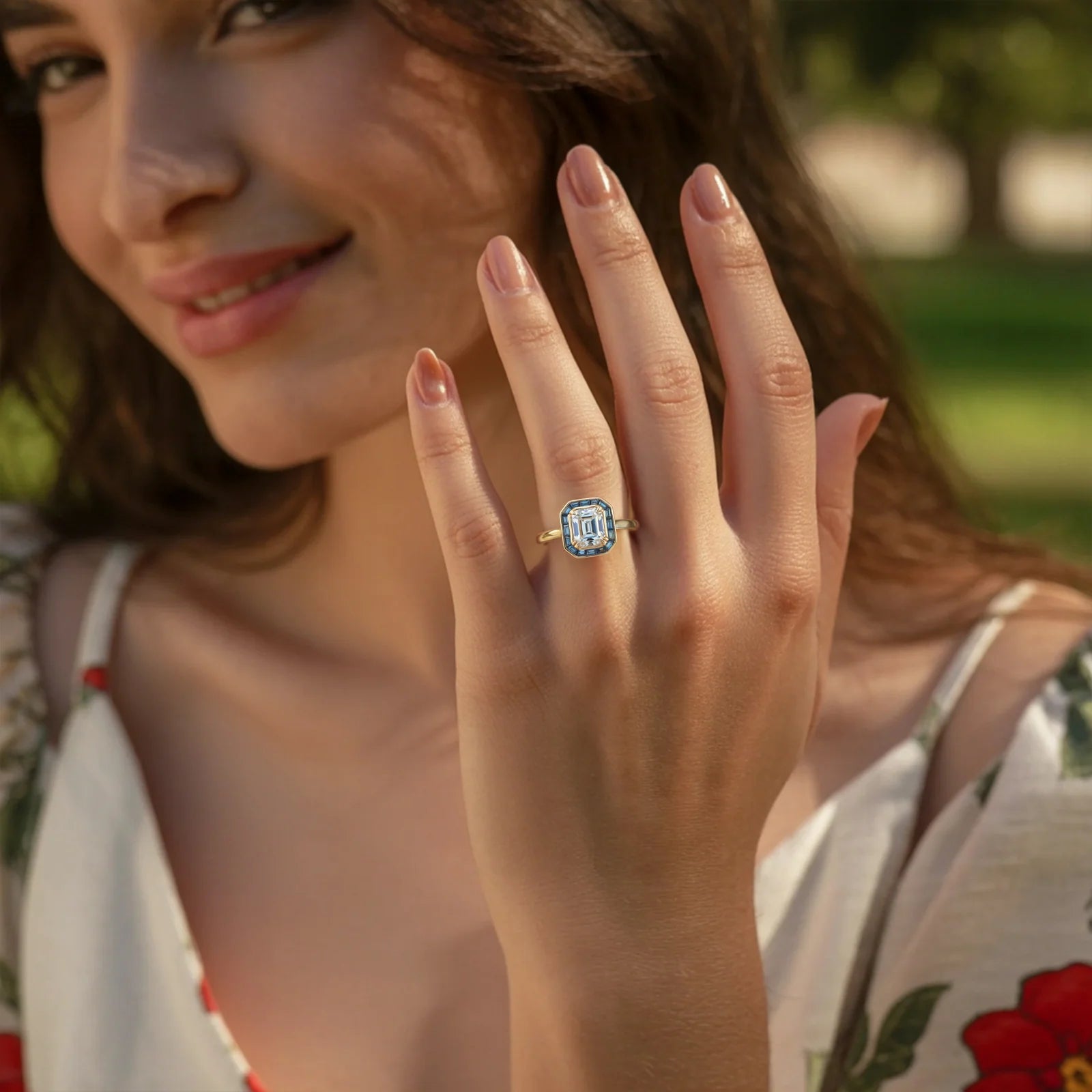 The Indigo Whisper 1CT Emerald Cut Halo Moissanite Ring