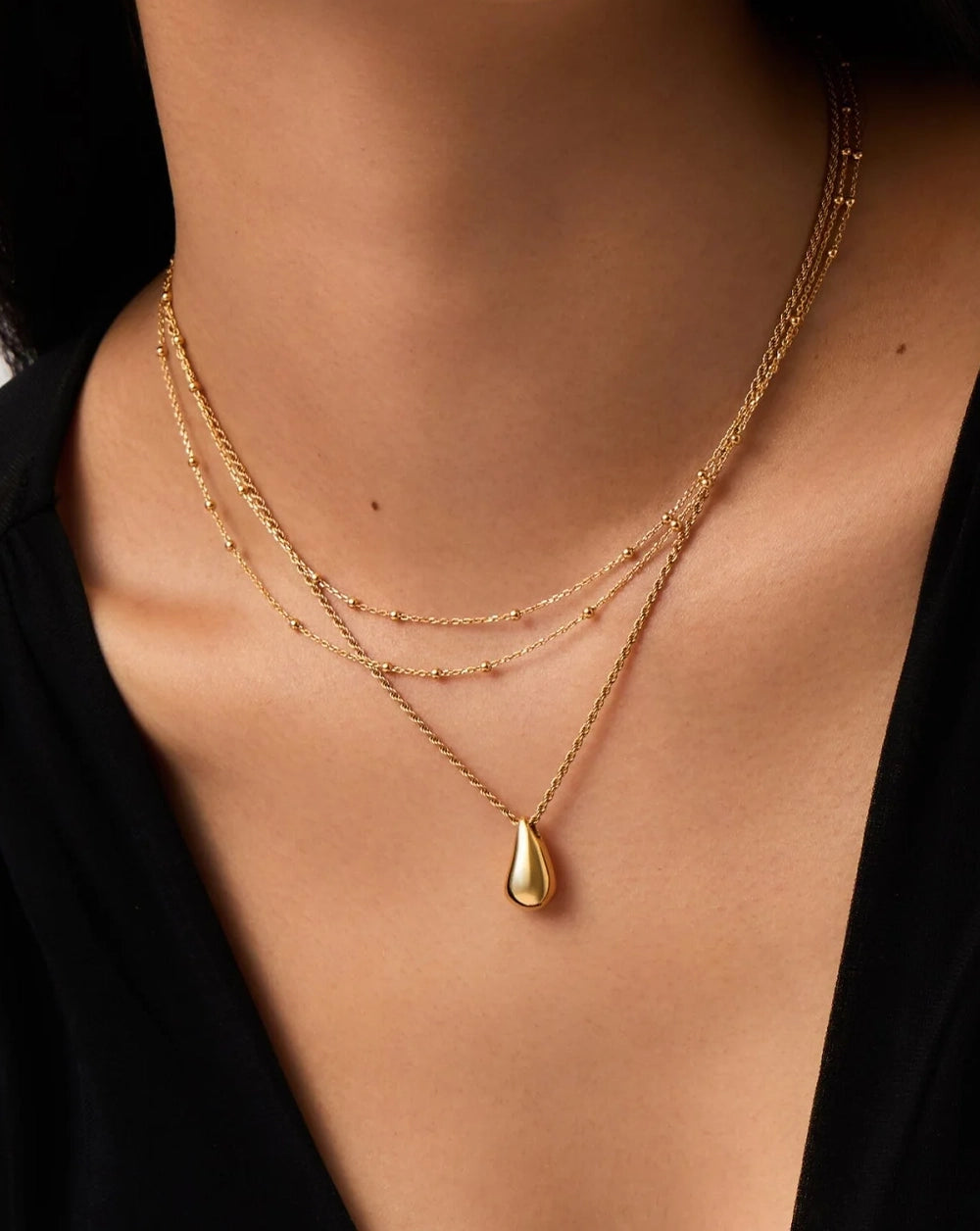 18K Gold Vermeil Droplet Pendant & Double Necklace Set