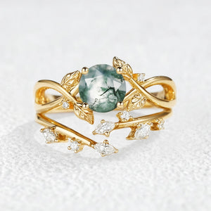 Cordelia Round Cut Moss Agate Leafy Infinity Bridal Set 2pcs