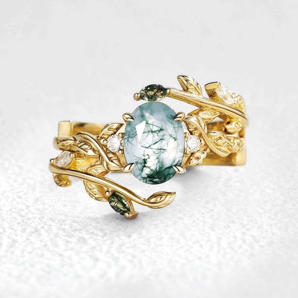 Helen Moss Agate Leafy Engagement Ring Set 2pcs