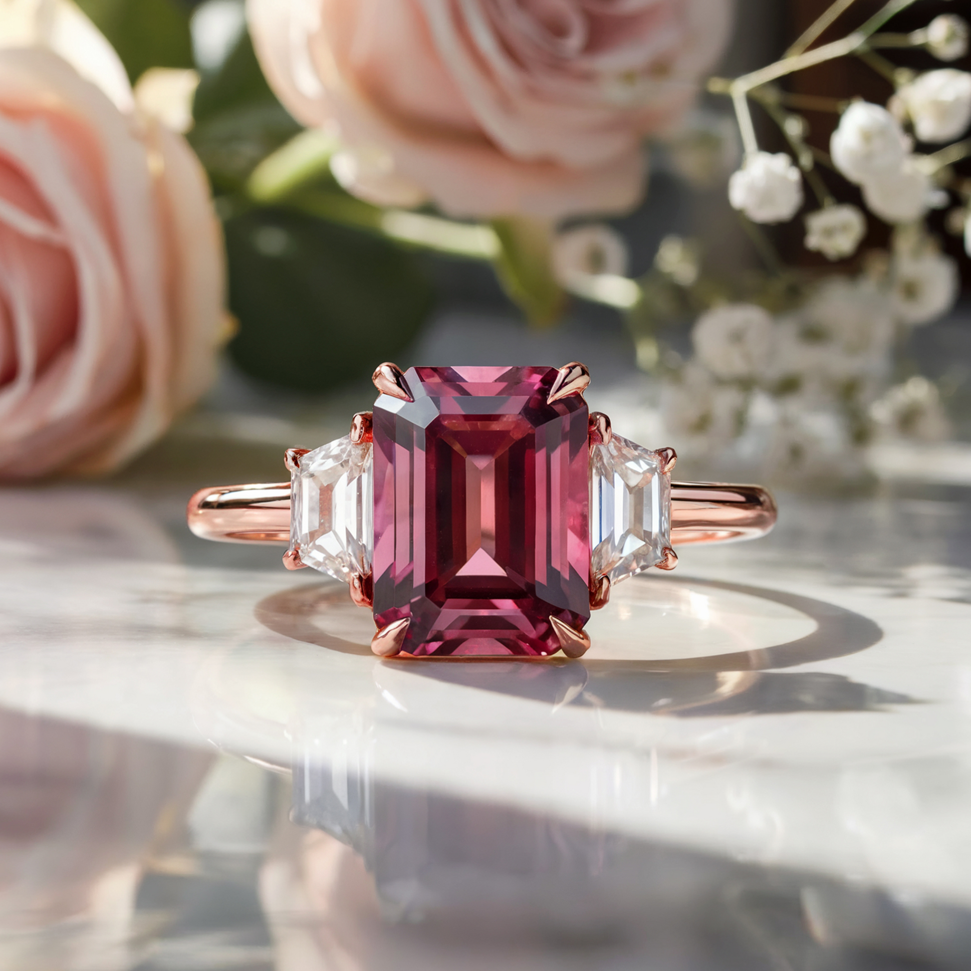 Virelia 3CT Emerald-Cut Pink Gemstone Ring