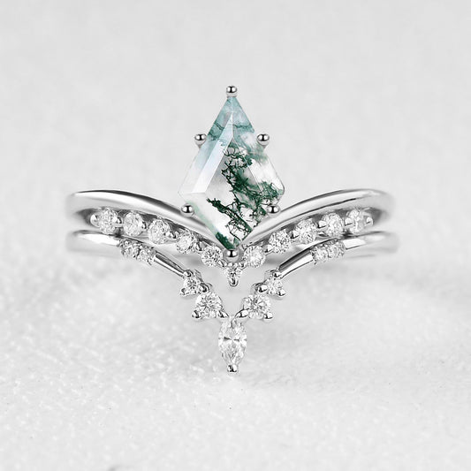 Felicegals Kite Cut Moss Agate Chevron Engagement Ring Set 2pcs