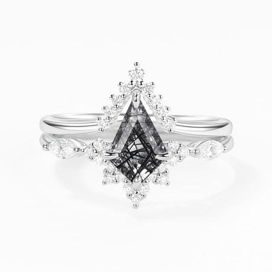 One-of-a-Kind Kite Cut Moss Agate Engagement Ring Set 2pcs