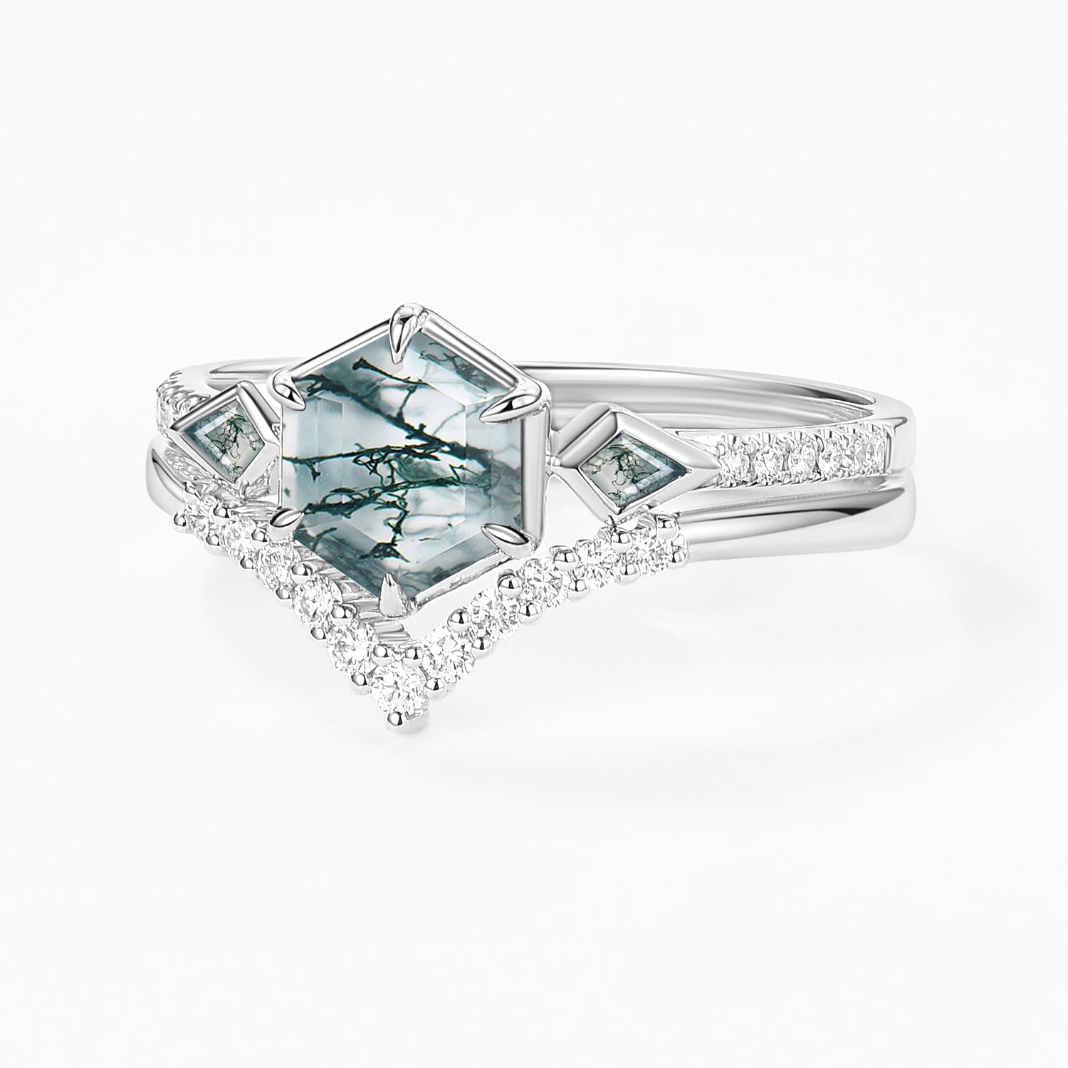 1.0ct Hexagon Moss Agate Geometric Cluster Engagement Ring Set 2pcs