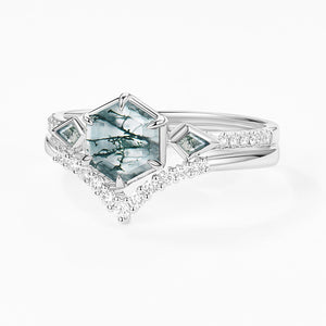 1.0ct Hexagon Moss Agate Geometric Cluster Engagement Ring Set 2pcs