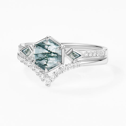 1.0ct Hexagon Moss Agate Geometric Cluster Engagement Ring Set 2pcs