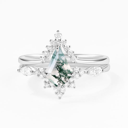One-of-a-Kind Kite Cut Moss Agate Engagement Ring Set 2pcs