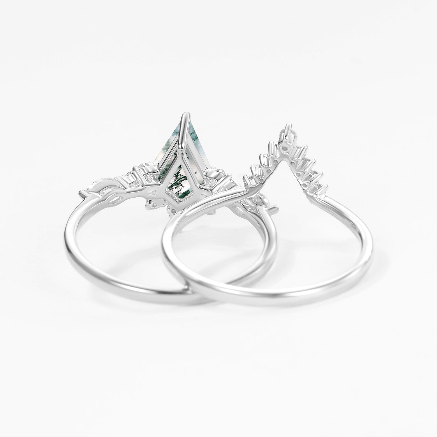 One-of-a-Kind Kite Cut Moss Agate Engagement Ring Set 2pcs